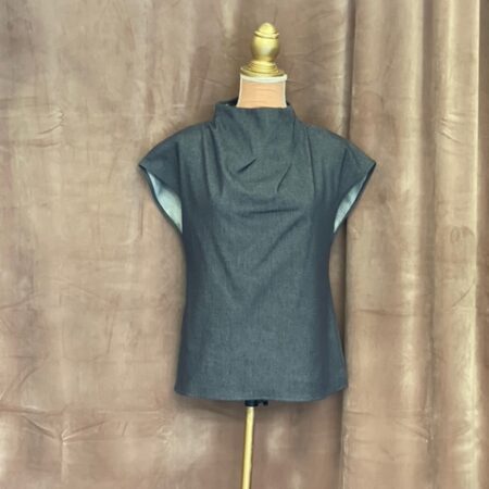 DRAPED DENIM SHORT-SLEEVE TOP-CKONTOVA