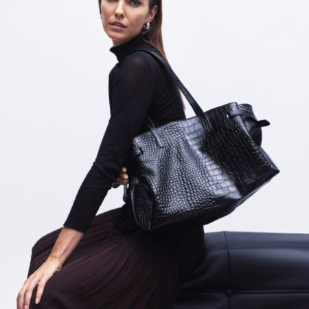 LORENE ΔEΡΜΑΤΙΝΗ SHOPPER ΤΣΑΝΤΑ ΜΑΥΡΗ ΚΡΟΚΟ