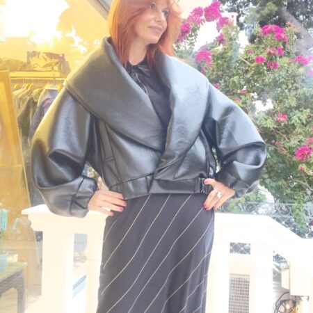 BLACK LEATHER LOOK BOMBER JACKET-CKONTOVA